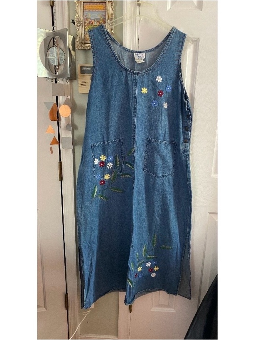 Vtg Carolina Blues Plus Denim Jumper Dress Embroidered Flowers Maxi Size 18/20